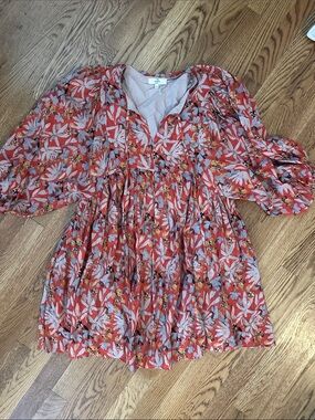entro Red Floral Puff-Sleeve Mini Dress